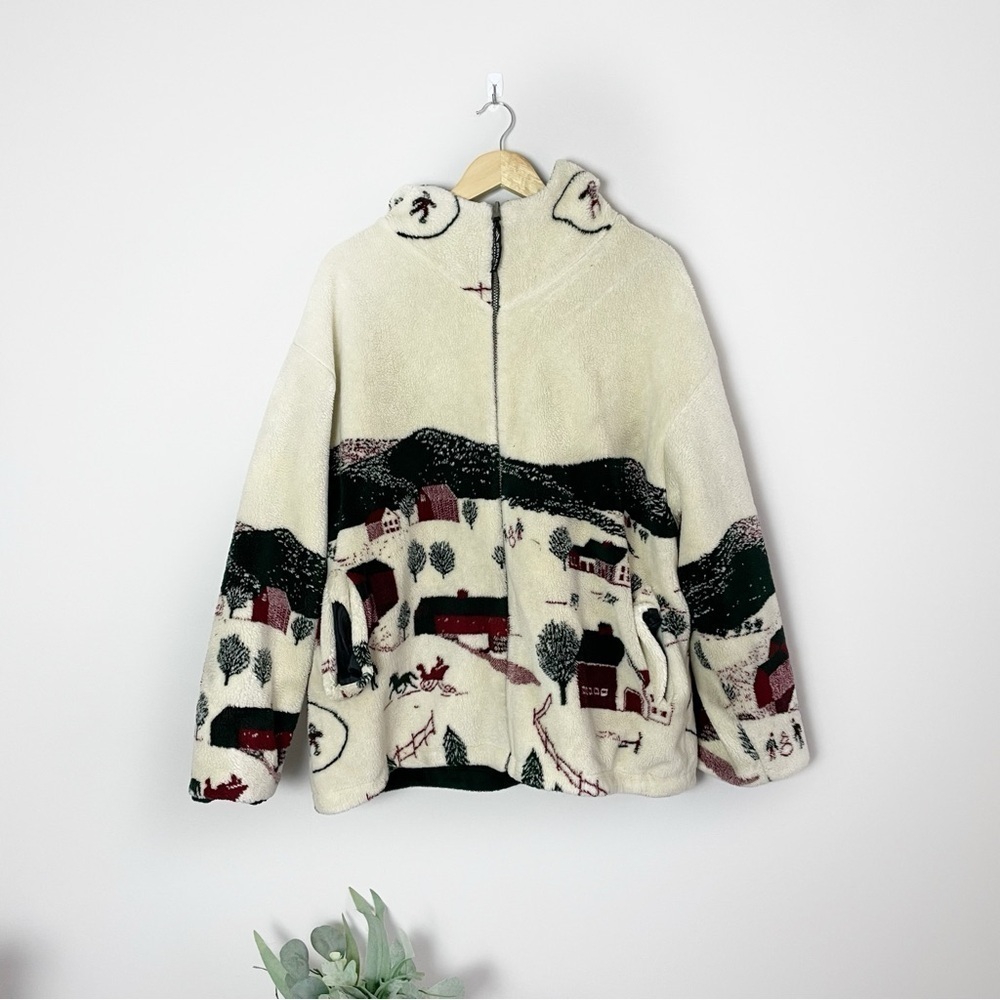 Vintage Oversized Size:Large Sherpa Winter Scene Full Zip Hooded Jacket